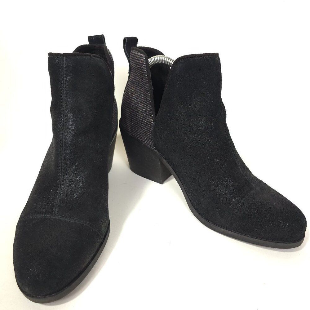 TOMS Everly Glitter Ankle Boot Women’s Size 9 Black Suede Sparkle Heeled Bootie